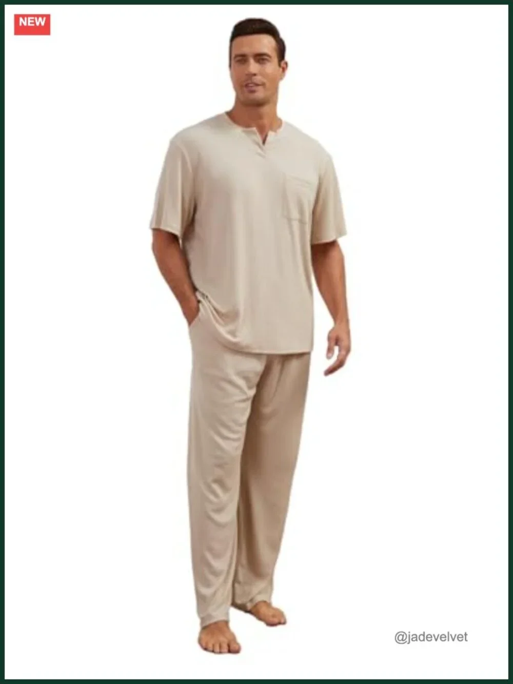Men's Short Sleeve Pajama Set - V-Neck Pullover Top with Pockets, 2-Piece
